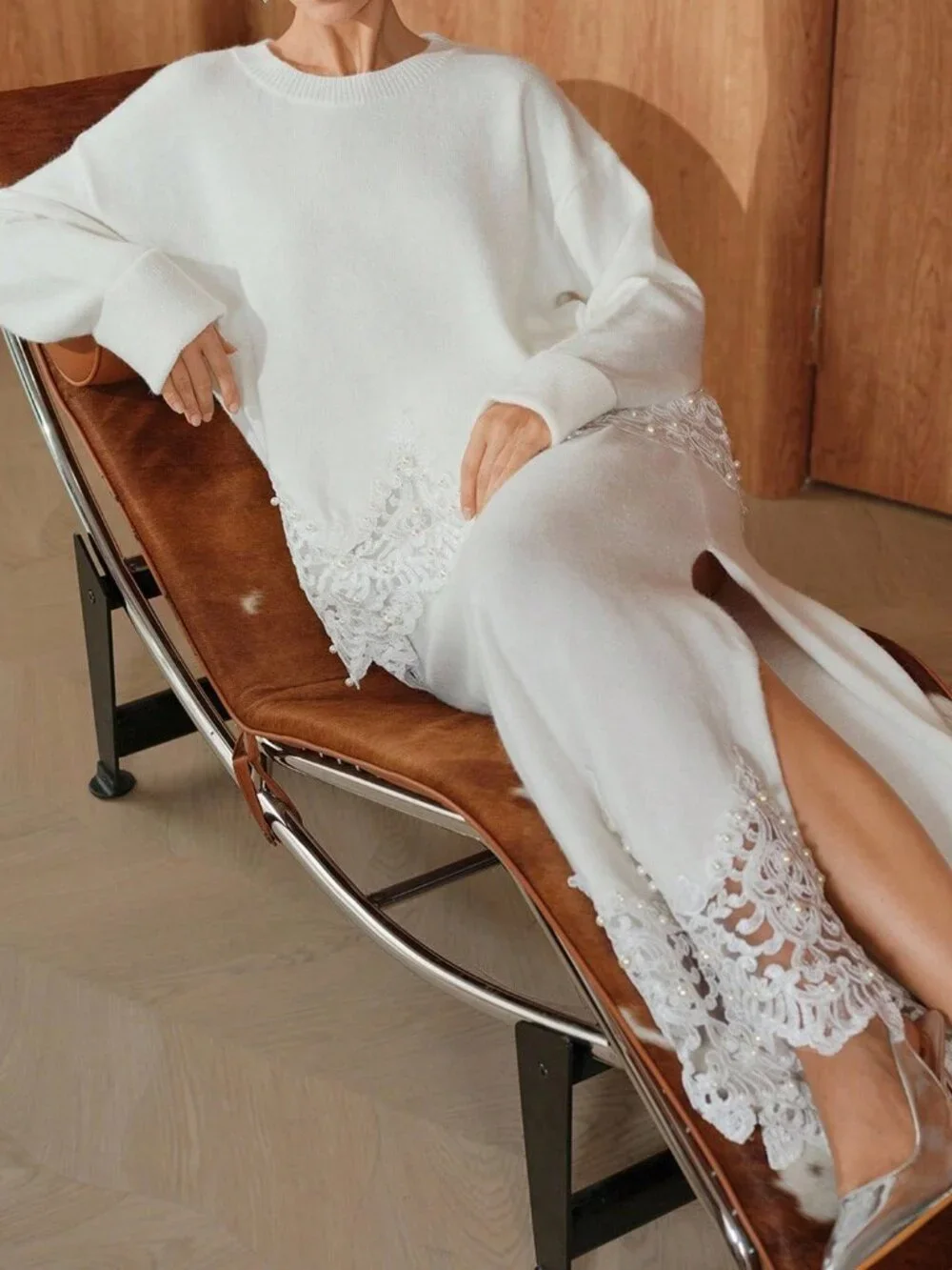 White Casual Women's LAce detailed Sweater top & Maxi Skirt Coord set